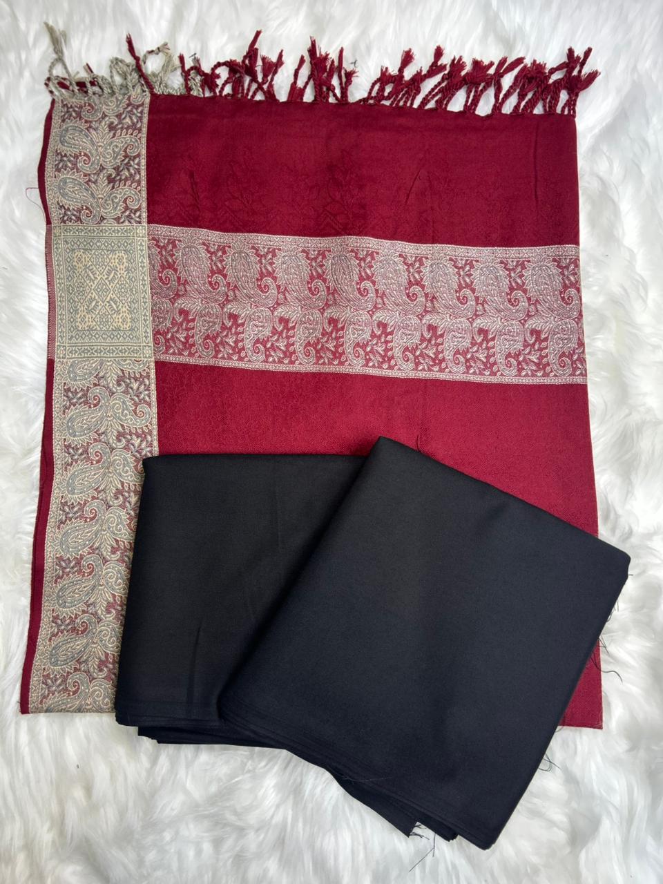 Premium Black Dhanak 2-Piece with Maroon Jacquard Border Shawl | Winter Collection