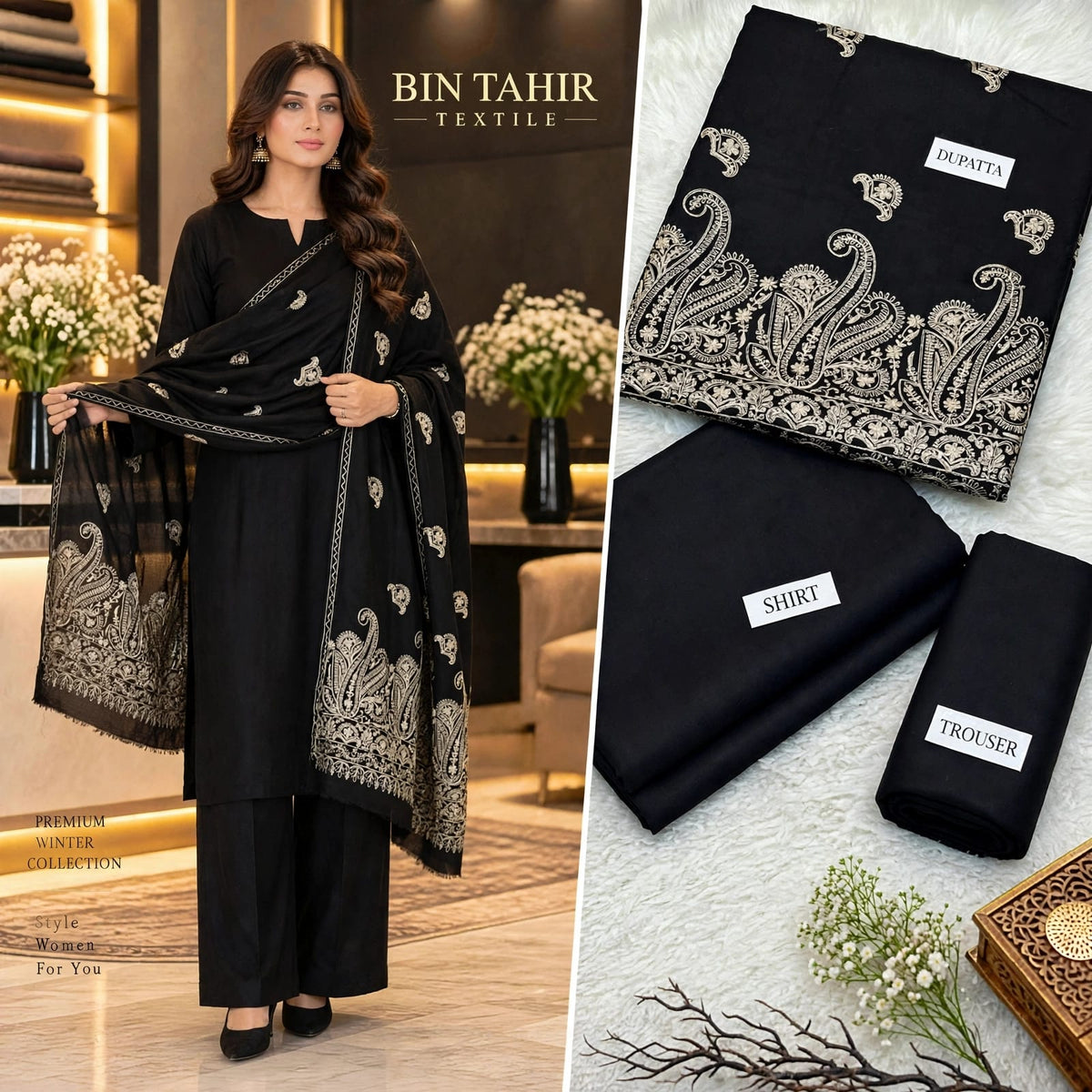 BIN TAHIR TEXTILE - Premium Winter Dhanak 3 Piece - Black Suit With Black Cutwork Embroidered Shawl | BT-0041
