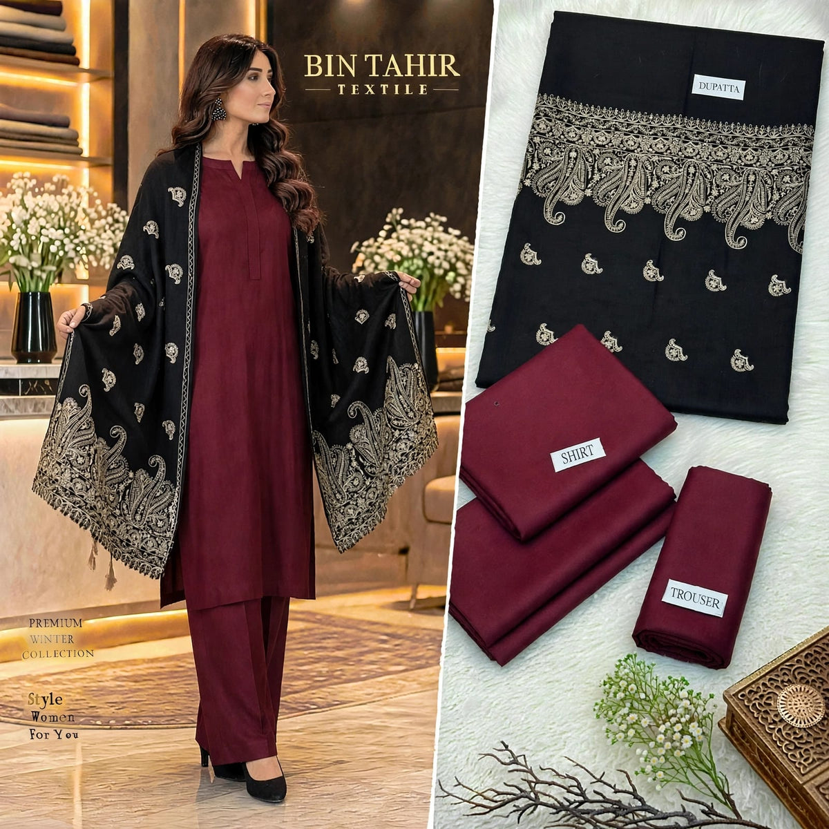 BIN TAHIR TEXTILE - Premium Winter Dhanak 3 Piece - Mehroon Suit With Black Cutwork Embroidered Shawl | BT-0041