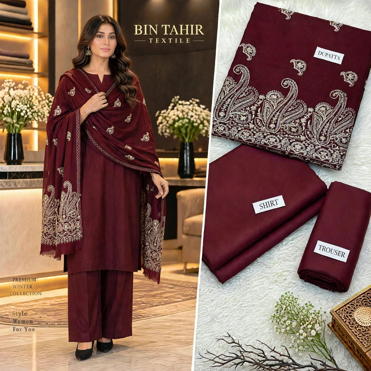 BIN TAHIR TEXTILE - Premium Winter Dhanak 3 Piece - Mehroon Suit With Mehroon Cutwork Embroidered Shawl | BT-0041