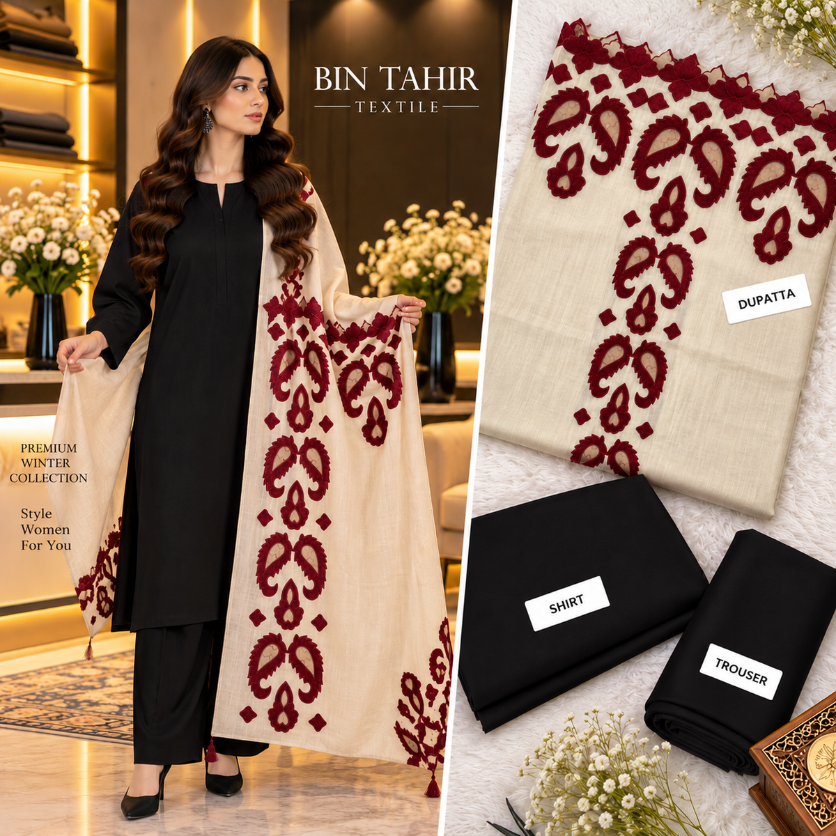 BIN TAHIR TEXTILE - Premium Winter Dhanak 3 Piece - Black Suit With Skin Mehroon Cutwork Embroidered Shawl | BT-0045