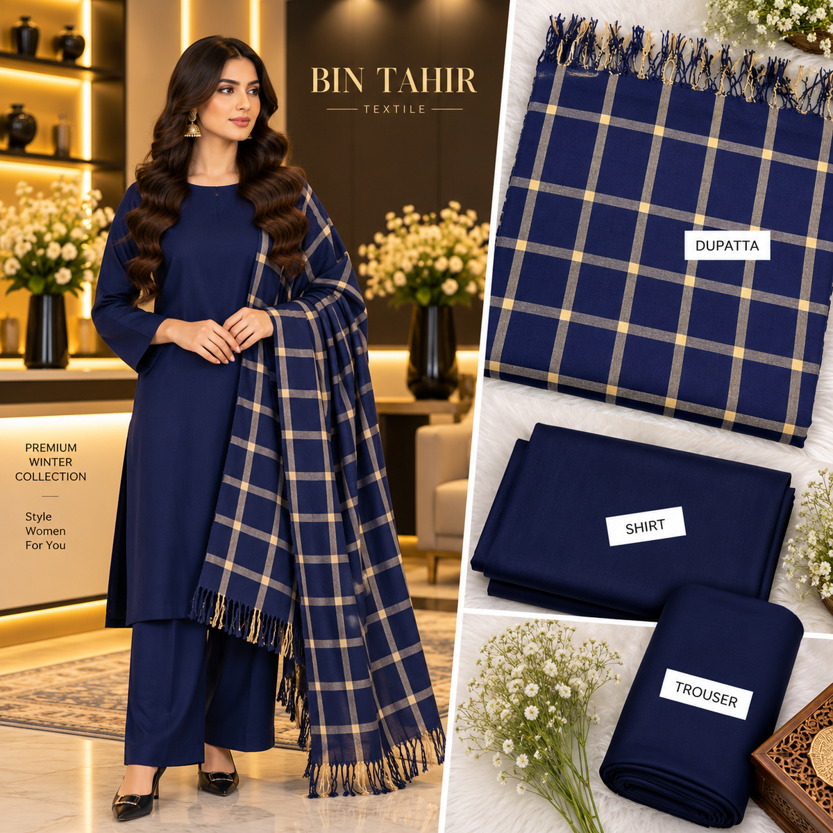 Bin Tahir Winter Dhanak 3 Piece Suit with Check Wool Shawl - Navy Blue | Premium Winter Collection| BT-0040