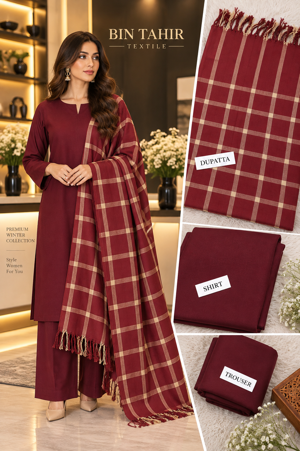 BIN TAHIR TEXTILE - Premium Winter Dhanak 3 Piece - Maroon Suit With Maroon Check Shawl | BT-0040