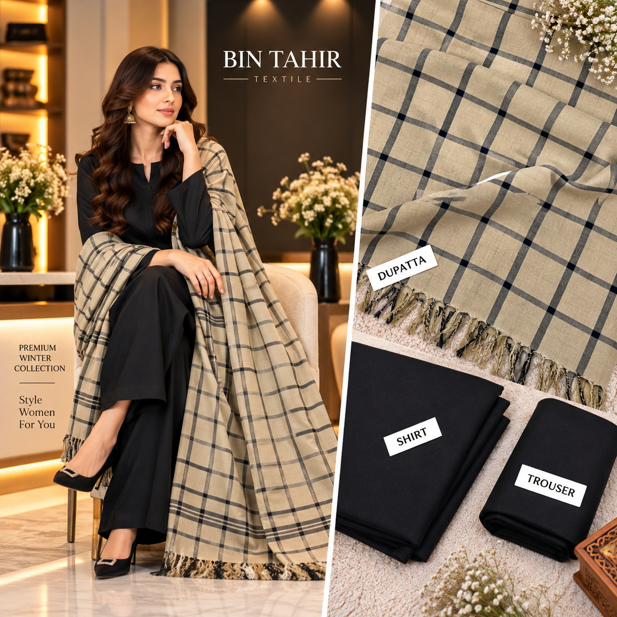 BIN TAHIR TEXTILE - Premium Winter Dhanak 3 Piece - Black Suit With Beige Check Shawl | BT-0040