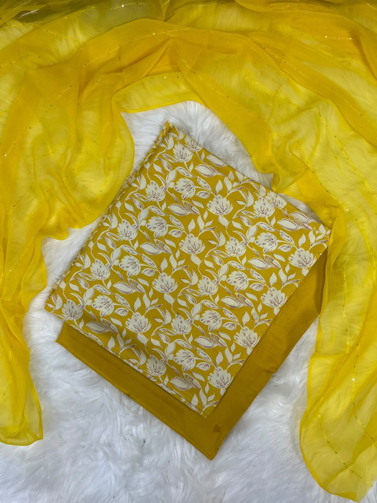 Mustard Yellow Floral Linen 3-Piece Suit with Chiffon Sequins Dupatta | BT-003