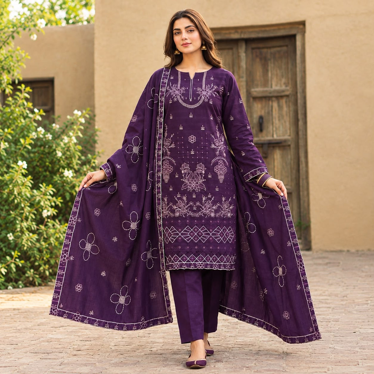 Deep Purple Dhanak 3PC Embroidered Suit With Embroidered Shawl Dupatta - Winter Collection | BT-012
