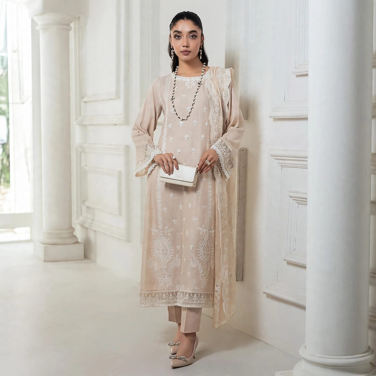 Skin Beige Dhanak 3PC Embroidered Suit With Embroidered Chiffon Dupatta | BT-009