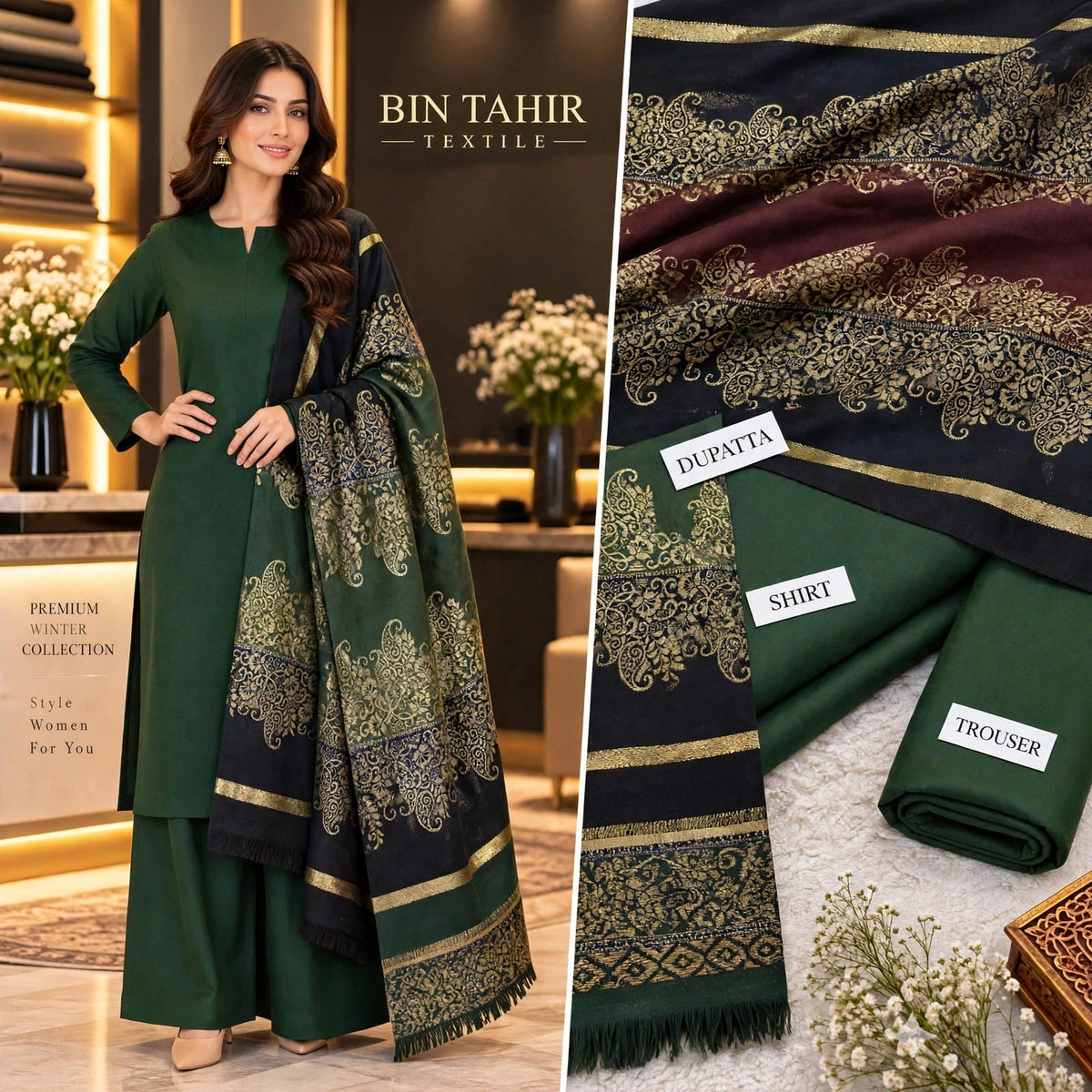 Deep Green Shirt & Trouser With Black Zari Jacquard Shawl - 3Pcs Dhanak Suit - BT-0016