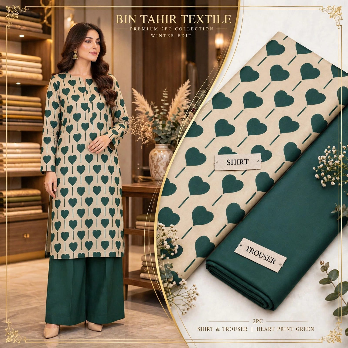 Bottle Green Heart Print Shirt With Green Trouser - 2Pcs Dhanak Suit - BT-0022