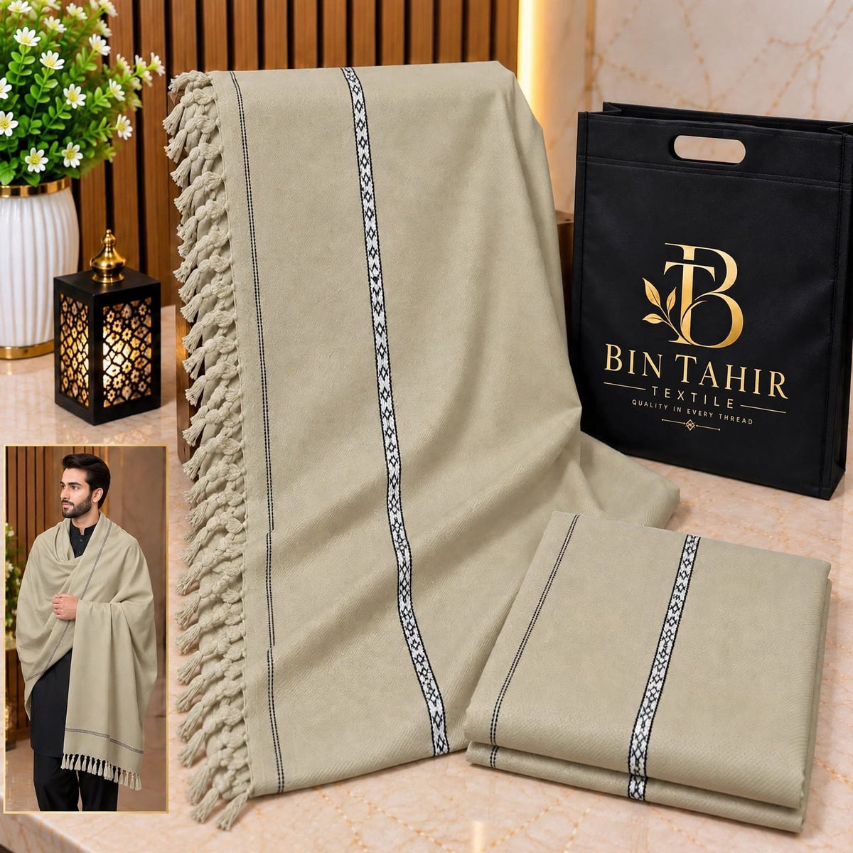 Ash Beige Gents Shawl With Border Work - Premium Winter Shawl - BTM-001