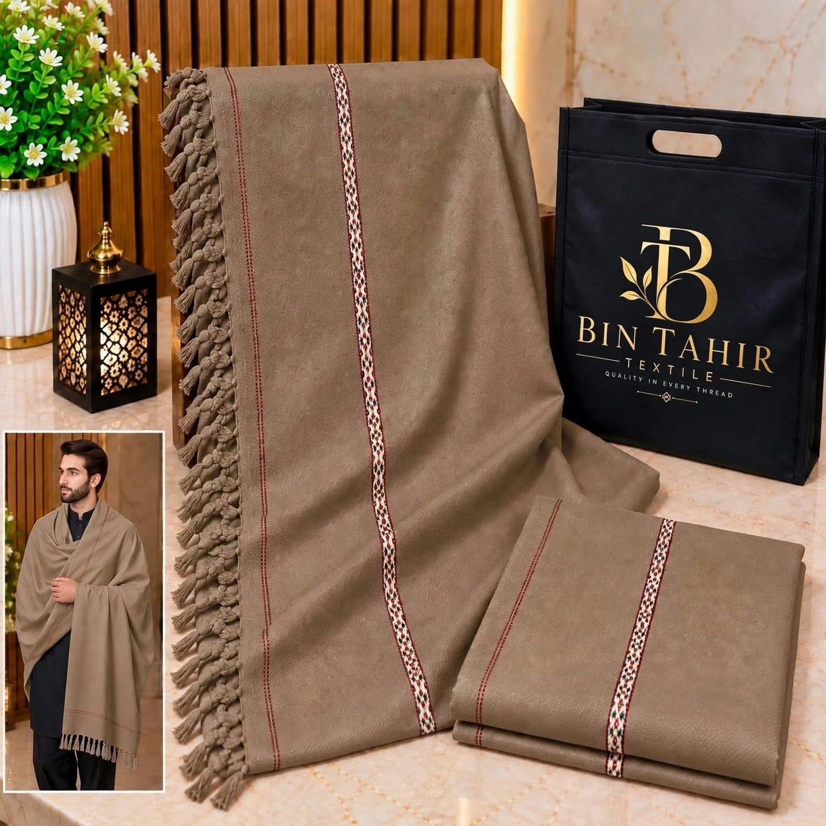 Taupe Beige Gents Shawl With Border Work - Premium Winter Shawl - BTM-001