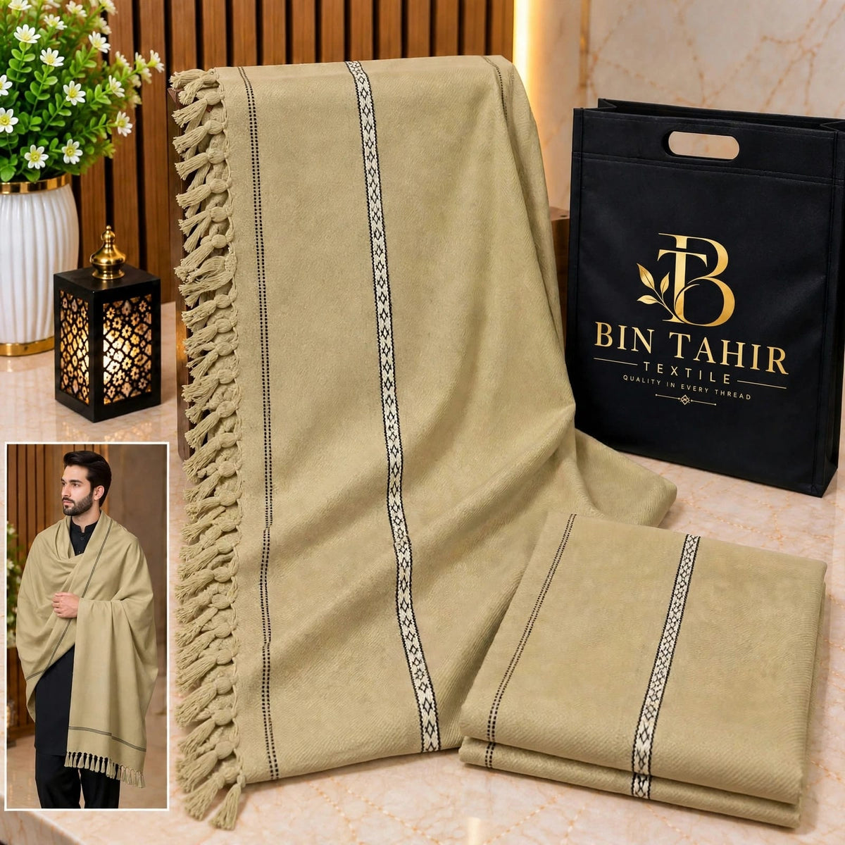 Light Beige Gents Shawl With Border Work - Premium Winter Shawl - BTM-001