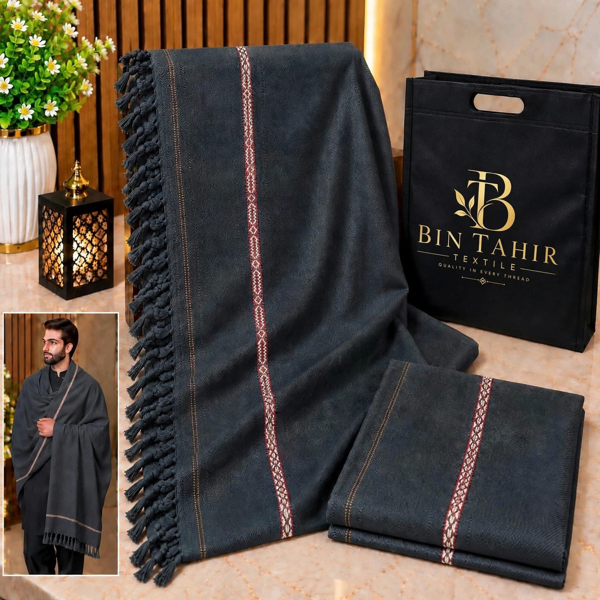Dark Slate Grey Gents Shawl With Border Work - Premium Winter Shawl - BTM-001