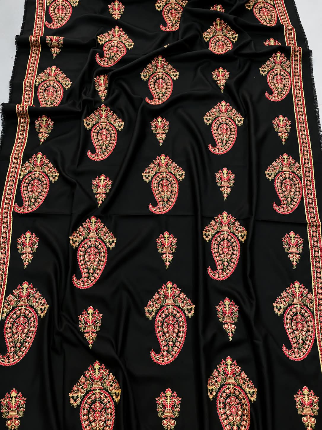 Premium Embroidered Dhanak 3-Piece Suit - Black Paisley Design | BT-0024