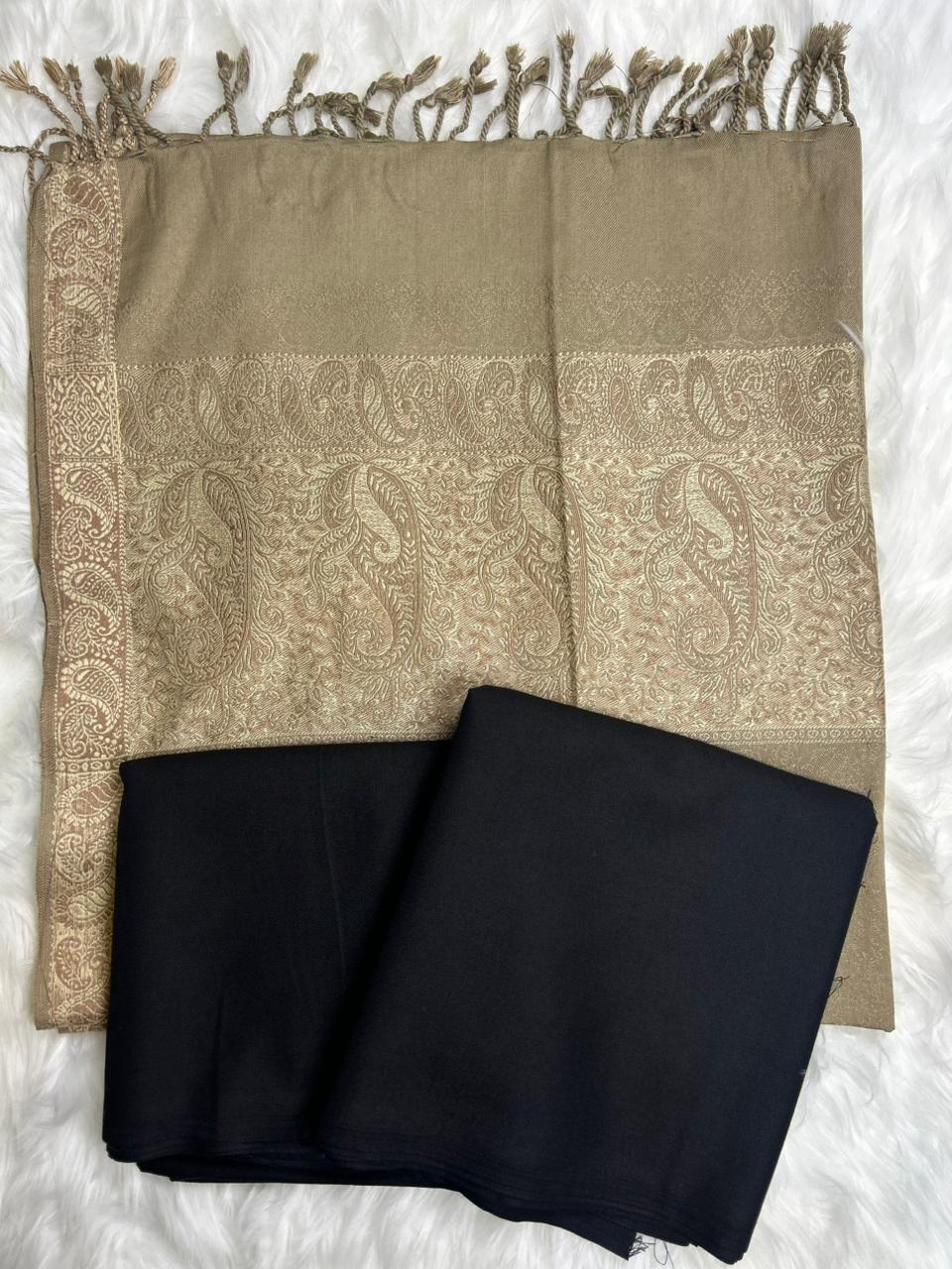 Black & Olive Dhanak 3-Piece Suit with Contrast Jacquard Shawl | BIN TAHIR Winter 2026