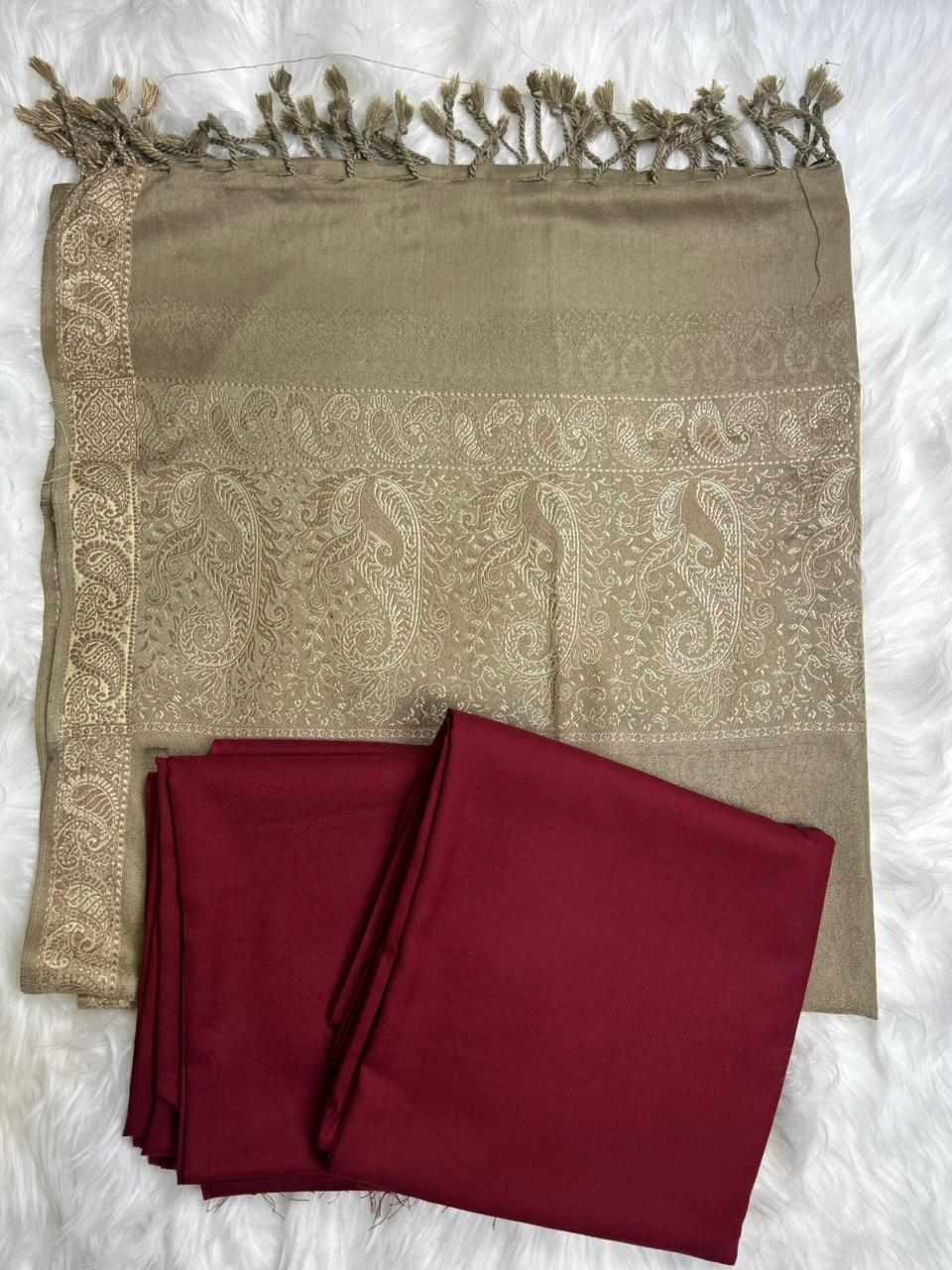 Maroon & Olive Dhanak 3-Piece Suit with Contrast Jacquard Shawl | BIN TAHIR Winter 2026
