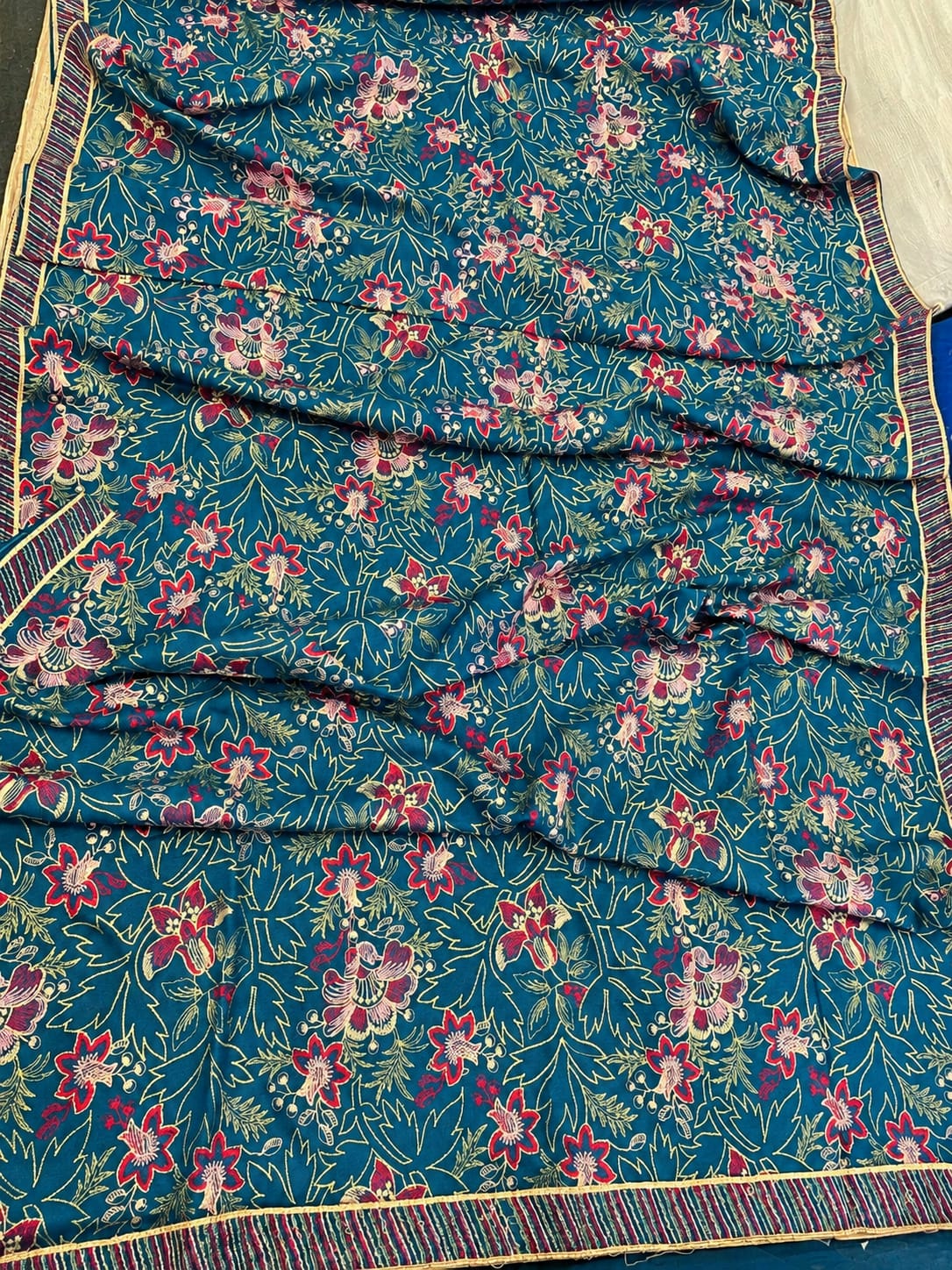 Teal Blue Dhanak Marina 3Pc Embroidered Suit - All Over Booti with Kashmiri Shawl | BT-0031