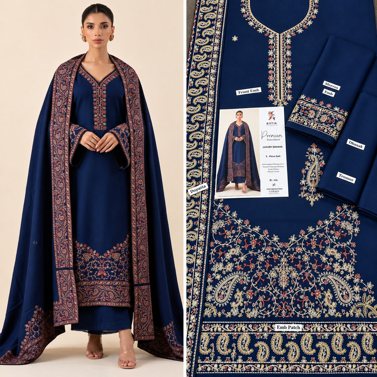 Navy Blue Dhanak Marina Embroidered 3Pc Suit - Paisley Work & Heavy Shawl | BT-0029