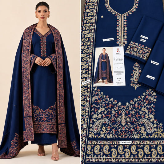 Navy Blue Dhanak Marina Embroidered 3Pc Suit - Paisley Work & Heavy Shawl | BT-0029