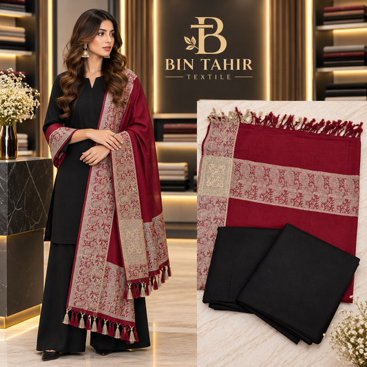 Premium Black Dhanak 2-Piece with Maroon Jacquard Border Shawl | Winter Collection