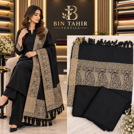 Premium Black Dhanak 3-Piece Suit with Black & Gold Jacquard Shawl | BIN TAHIR Winter 2026