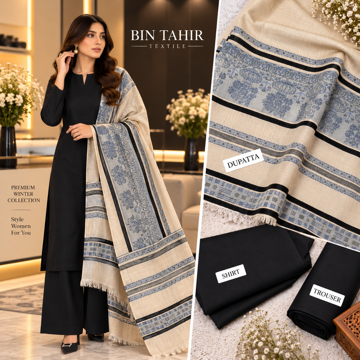 BIN TAHIR TEXTILE - Premium Winter Dhanak 3 Piece - Black Suit With Beige Printed Shawl | BT-0044