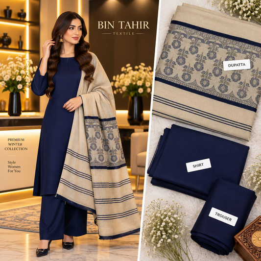 BIN TAHIR TEXTILE - Premium Winter Dhanak 3 Piece - Navy Blue Suit With Beige Printed Shawl | BT-0044