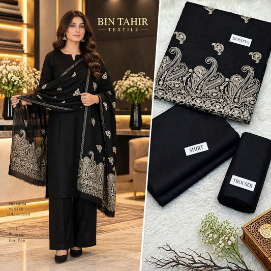 BIN TAHIR TEXTILE - Premium Winter Dhanak 3 Piece - Black Suit With Black Cutwork Embroidered Shawl | BT-0041