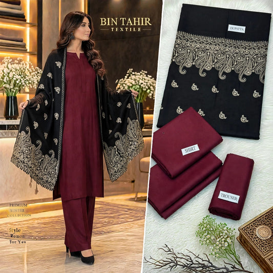 BIN TAHIR TEXTILE - Premium Winter Dhanak 3 Piece - Mehroon Suit With Black Cutwork Embroidered Shawl | BT-0041