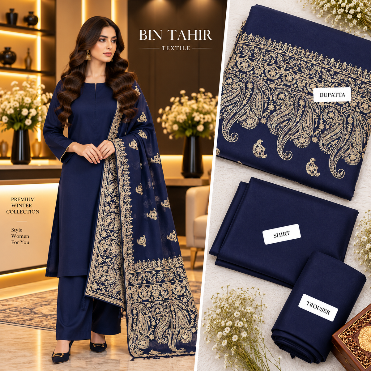 BIN TAHIR TEXTILE - Premium Winter Dhanak 3 Piece - Navy Blue Suit With Heavy Cutwork Embroidered Shawl | BT-0041