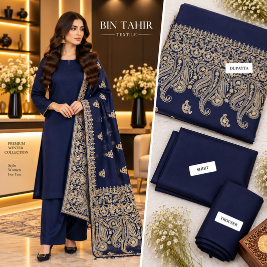 BIN TAHIR TEXTILE - Premium Winter Dhanak 3 Piece - Navy Blue Suit With Heavy Cutwork Embroidered Shawl | BT-0041