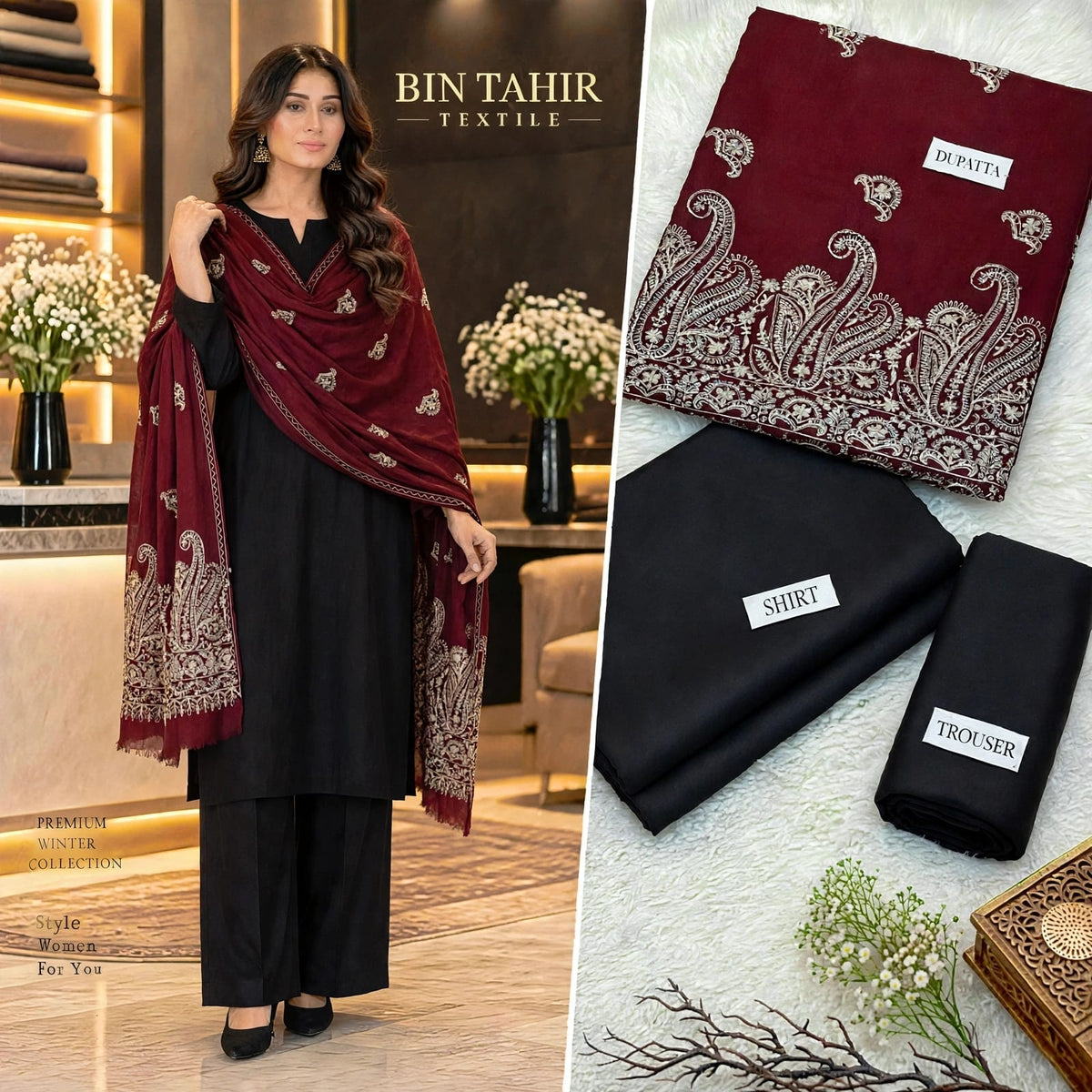 BIN TAHIR TEXTILE - Premium Winter Dhanak 3 Piece - Black Suit With Mehroon Cutwork Embroidered Shawl | BT-0041