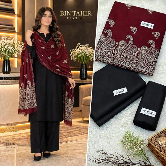 BIN TAHIR TEXTILE - Premium Winter Dhanak 3 Piece - Black Suit With Mehroon Cutwork Embroidered Shawl | BT-0041