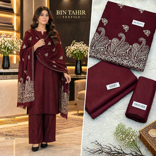 BIN TAHIR TEXTILE - Premium Winter Dhanak 3 Piece - Mehroon Suit With Mehroon Cutwork Embroidered Shawl | BT-0041