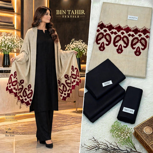 BIN TAHIR TEXTILE - Premium Winter Dhanak 3 Piece - Black Suit With Skin Paisley Cutwork Shawl | BT-0043