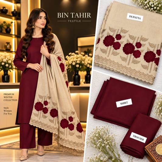 BIN TAHIR TEXTILE - Premium Winter Dhanak 3 Piece - Mehroon Suit With Skin Floral Embroidered Shawl | BT-0042