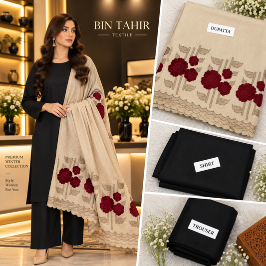 BIN TAHIR TEXTILE - Premium Winter Dhanak 3 Piece - Black Suit With Skin Floral Embroidered Shawl | BT-0042
