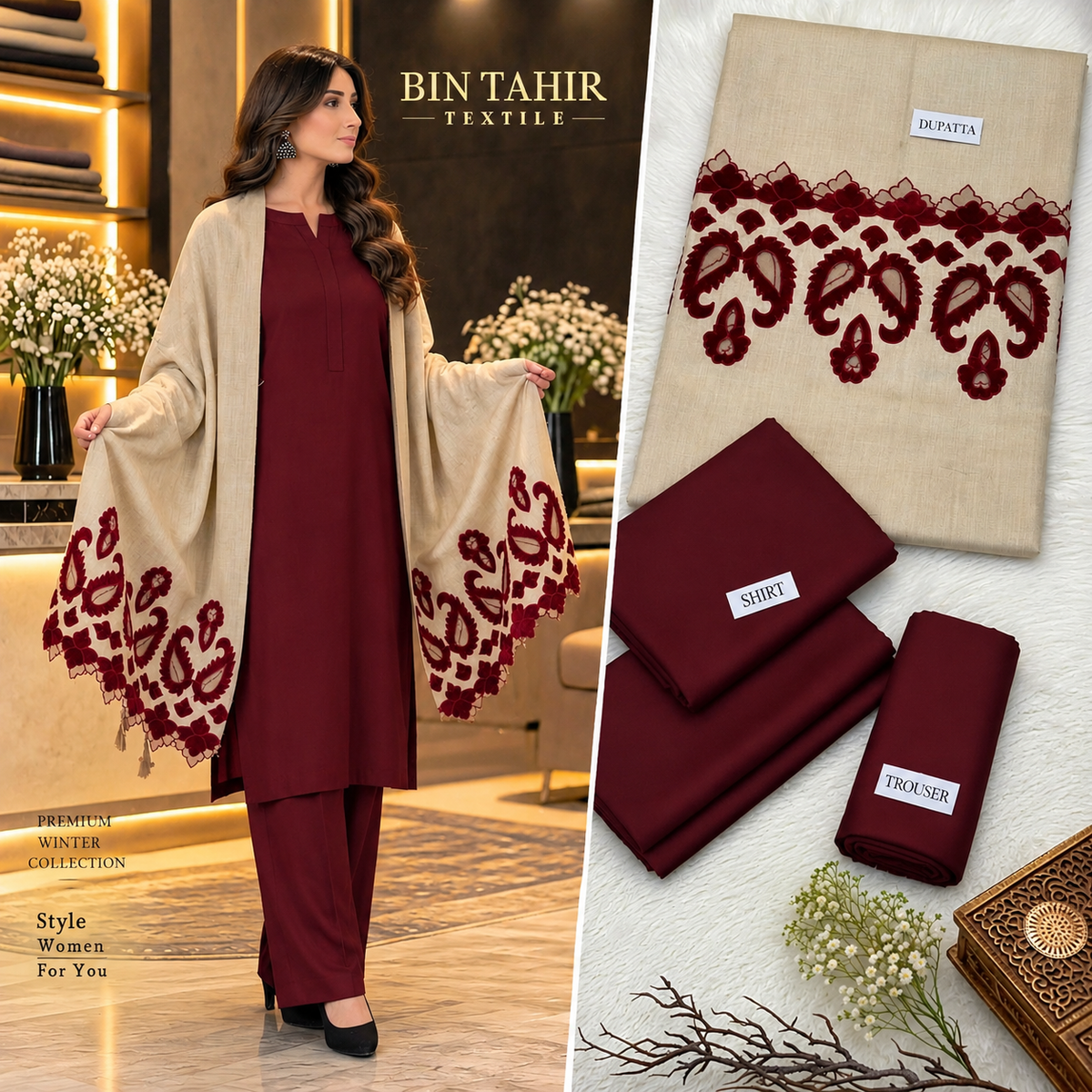 BIN TAHIR TEXTILE - Premium Winter Dhanak 3 Piece - Mehroon Suit With Skin Paisley Cutwork Shawl | BT-0043