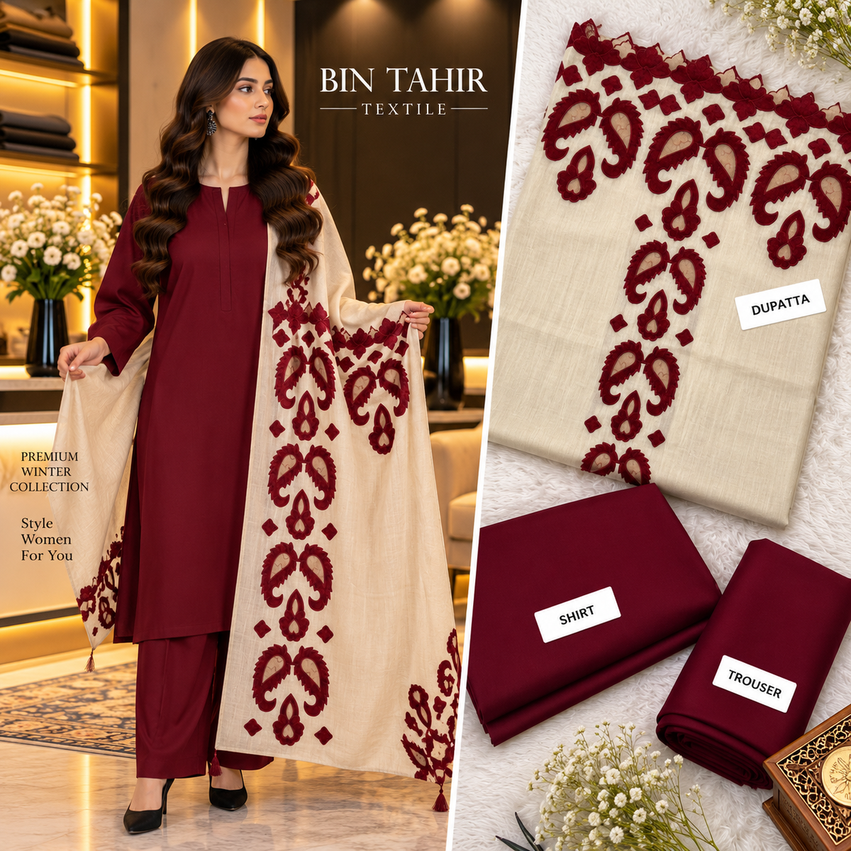 BIN TAHIR TEXTILE - Premium Winter Dhanak 3 Piece - Mehroon Suit With Skin Mehroon Cutwork Embroidered Shawl | BT-0045