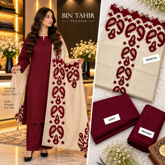 BIN TAHIR TEXTILE - Premium Winter Dhanak 3 Piece - Mehroon Suit With Skin Mehroon Cutwork Embroidered Shawl | BT-0045