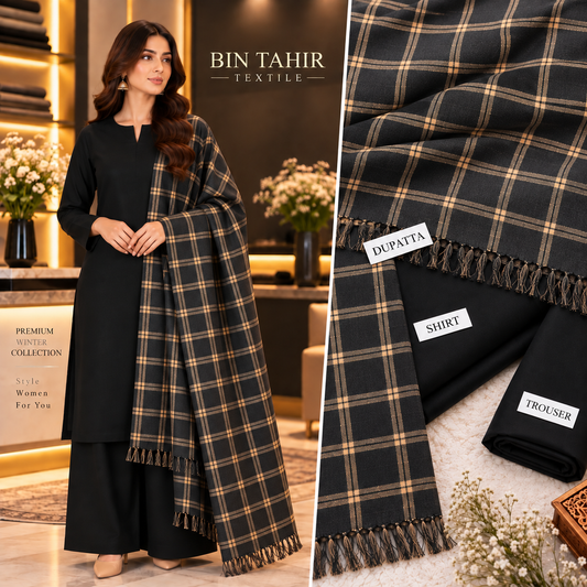 BIN TAHIR TEXTILE - Premium Winter Dhanak 3 Piece - Black Suit With Black & Skin Check Shawl | BT-0040