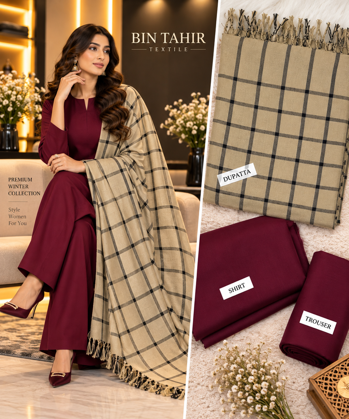 BIN TAHIR TEXTILE - Premium Winter Dhanak 3 Piece - Maroon Suit With Beige Check Shawl | BT-0040