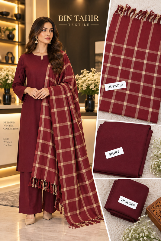 BIN TAHIR TEXTILE - Premium Winter Dhanak 3 Piece - Maroon Suit With Maroon Check Shawl | BT-0040