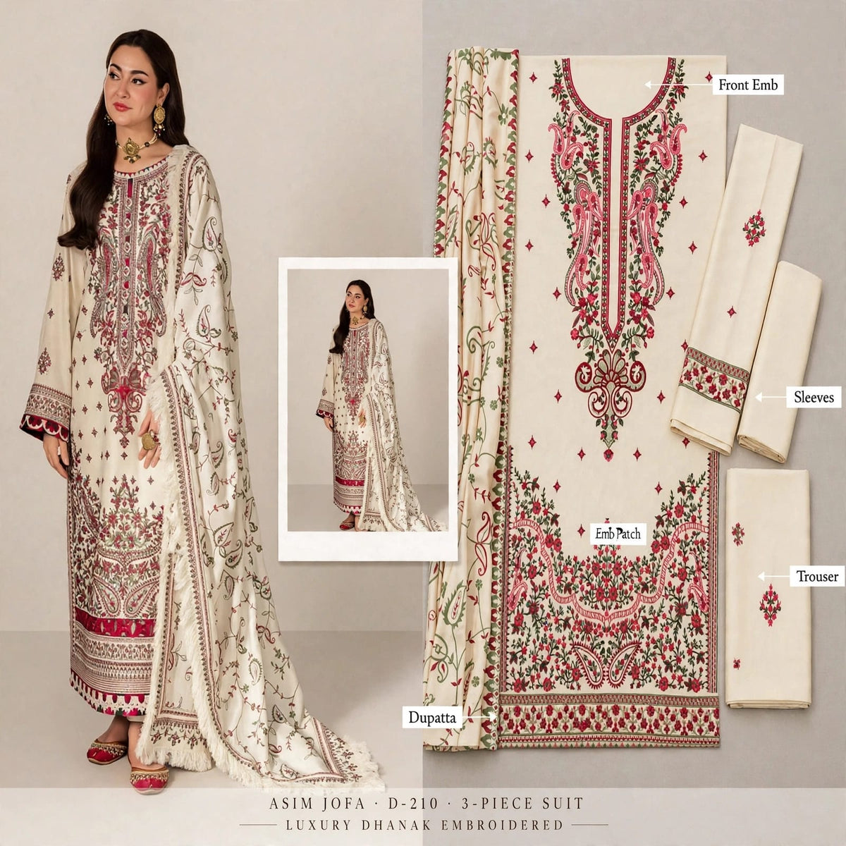 Off-White Dhanak Marina 3Pc Luxury Embroidered Suit with Embroidered Dhanak Shawl | BT-0038