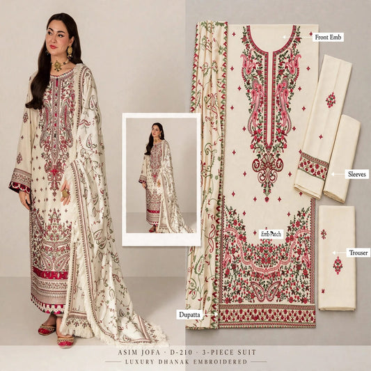 Off-White Dhanak Marina 3Pc Luxury Embroidered Suit with Embroidered Dhanak Shawl | BT-0038