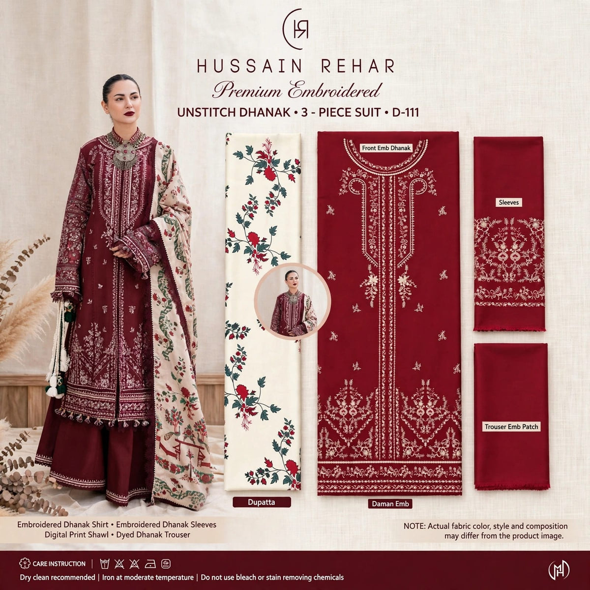 Maroon Dhanak Marina 3Pc Premium Embroidered Suit with Digital Printed Shawl | BT-0039
