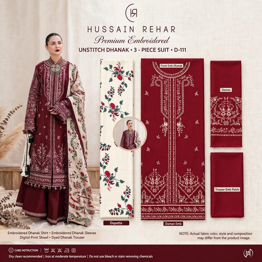 Maroon Dhanak Marina 3Pc Premium Embroidered Suit with Digital Printed Shawl | BT-0039