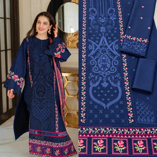 Navy Blue Dhanak Marina 3Pc Chikankari Boring Embroidered Suit with Cross Stitch Patch | BT-0035