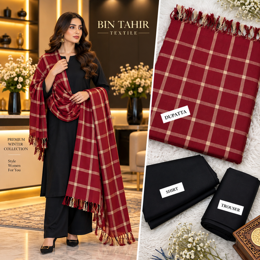 BIN TAHIR TEXTILE - Premium Winter Dhanak 3 Piece Unstitched Suit - Black Shirt & Trouser with Red Check Shawl | BT-0040