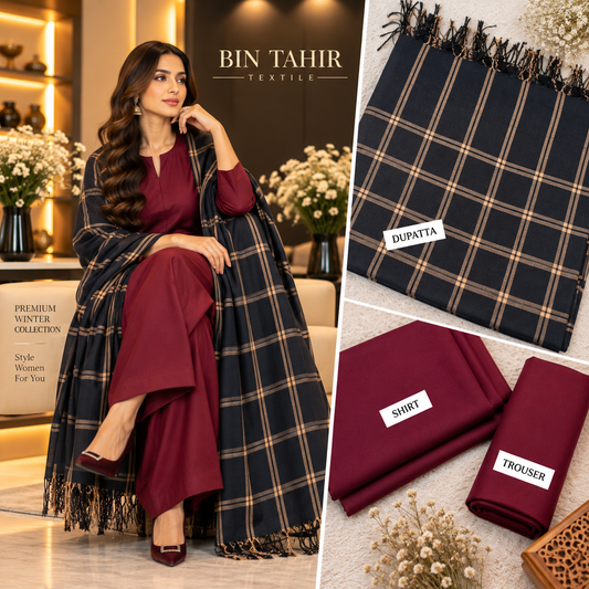 BIN TAHIR TEXTILE - Premium Winter Dhanak 3 Piece - Maroon Suit With Black Check Shawl | BT-0040